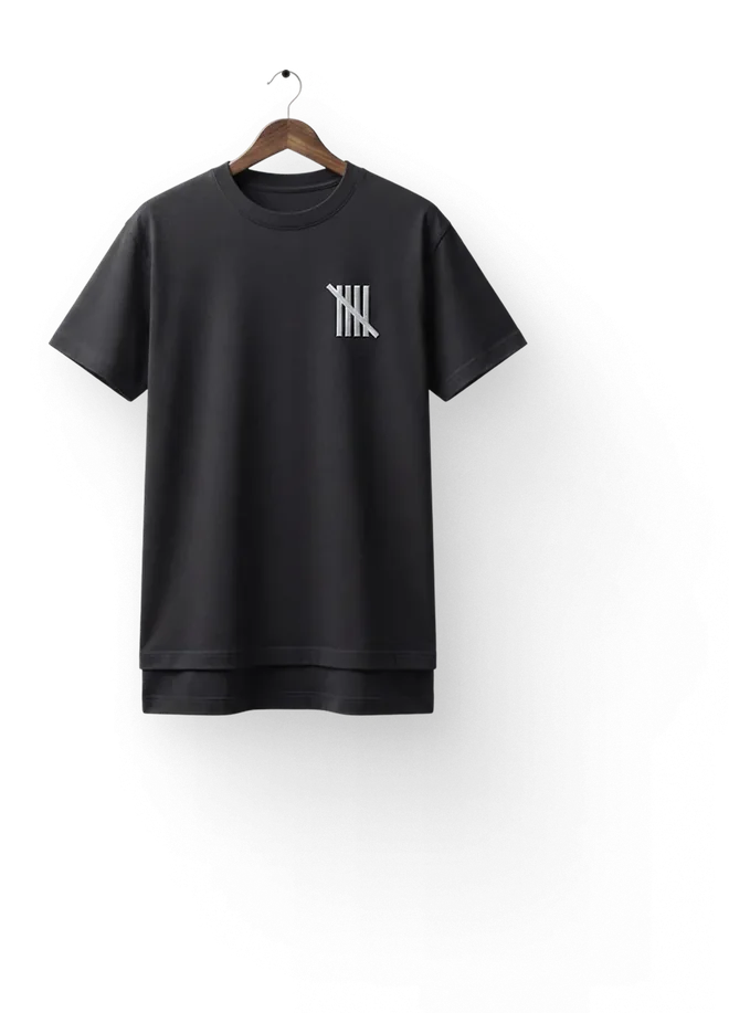 A black tee with the Linehaus mark, on a wooden hanger